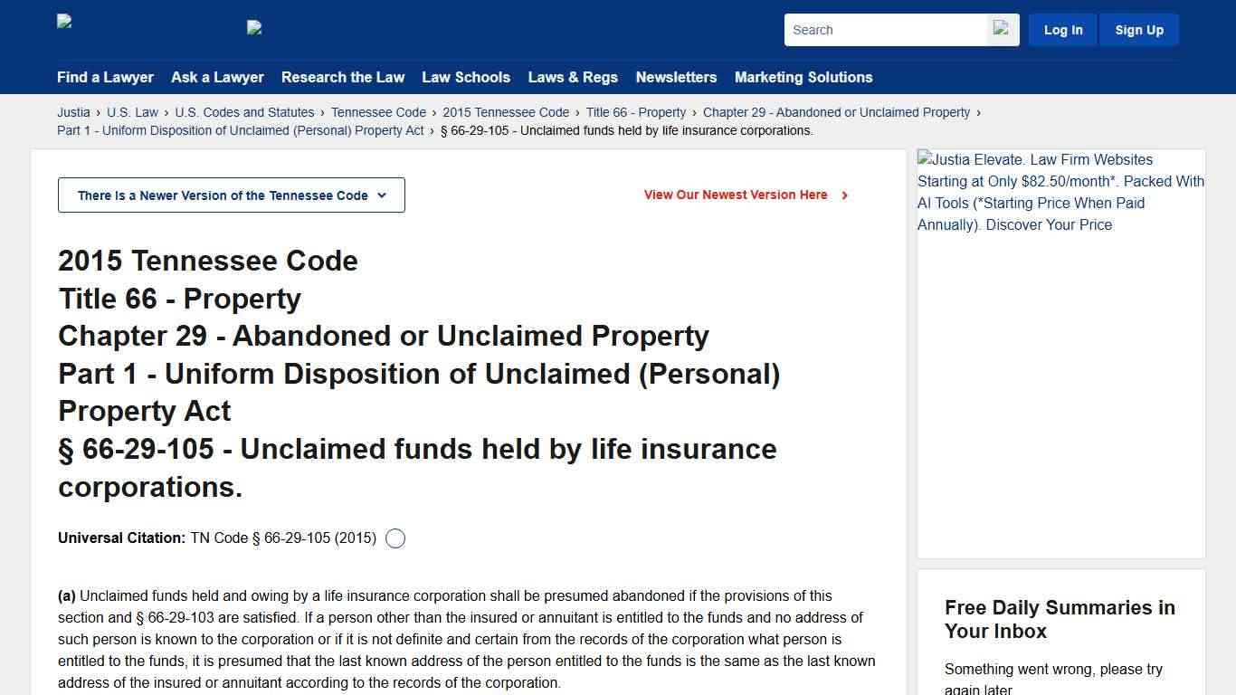 § 66-29-105 - Unclaimed funds held by life insurance corporations. :: 2015 Tennessee Code :: US Codes and Statutes :: US Law :: Justia
